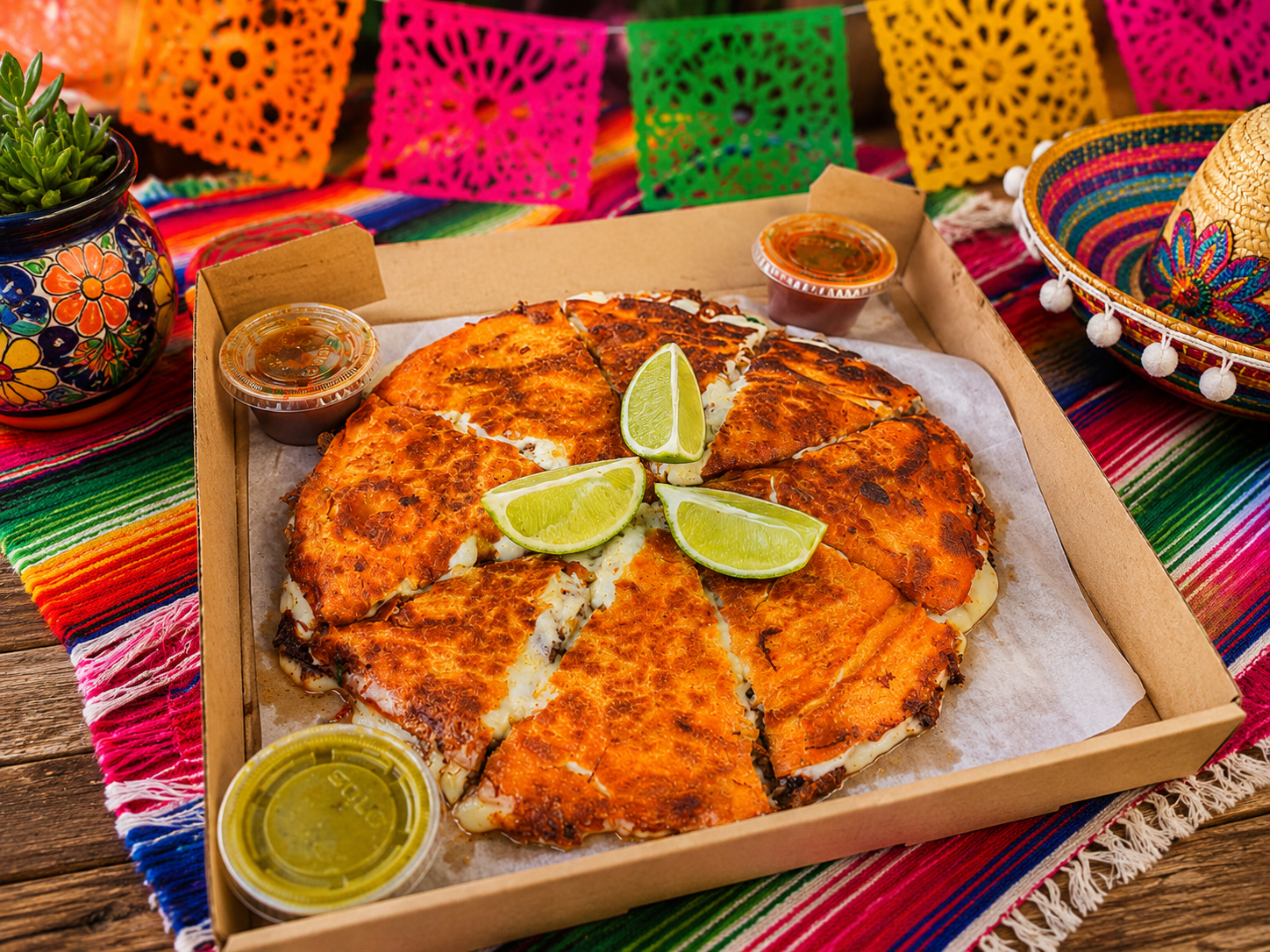 A box of sliced, cooked fish garnished with lime wedges, accompanied by small containers of sauce, on a colorful woven tablecloth with Mexican decorations in the background.