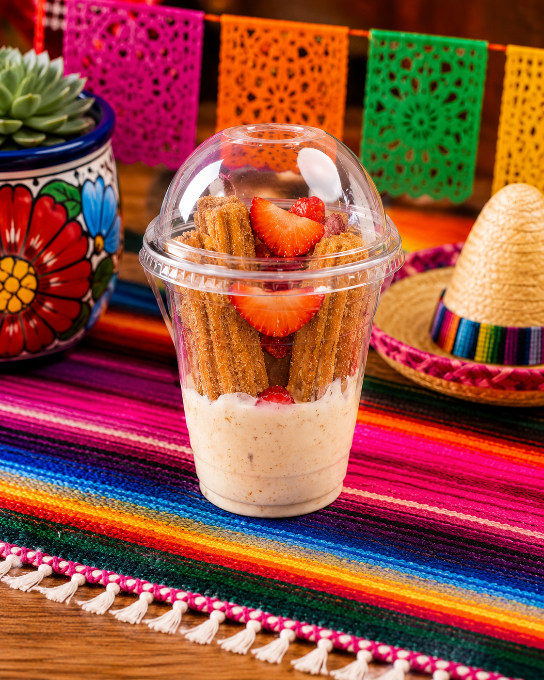 Mexican churro dessert with strawberries and cream