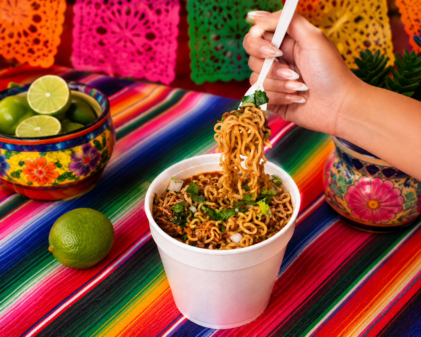A person’s hand holding a fork with noodles over a cup of ramen, with festive Mexican papel picado decorations in the background, on a colorful striped tablecloth with a bowl of limes nearby.