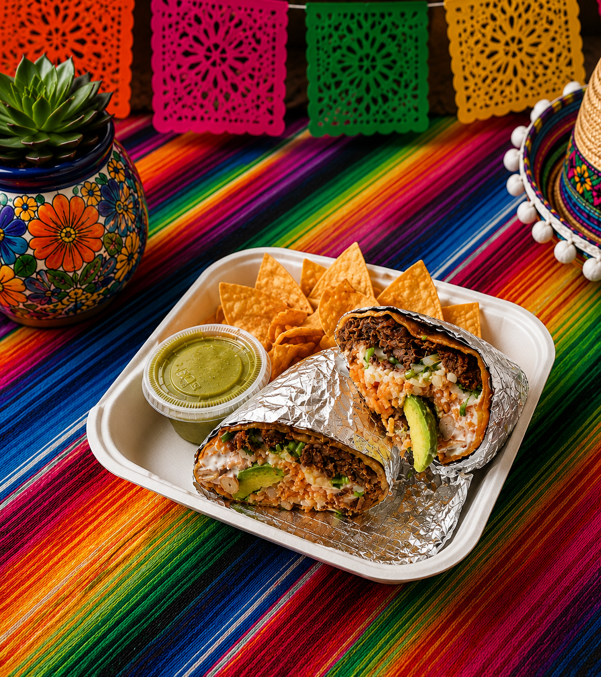 A tray of Mexican food including a burrito with ingredients such as rice, beans, avocado, and vegetables, along with tortilla chips and a small container of green sauce, set on colorful Mexican-themed decorations.
