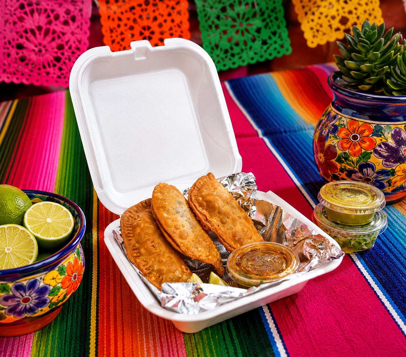 Mexican food meal with three birria fried empanadas, lemon-lime wedges, and housemade red salsa
