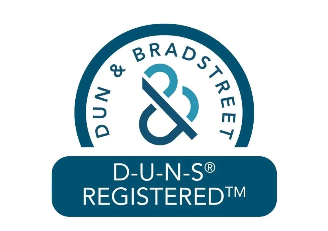 Logo for D-U-N-S Registered, featuring a circular emblem with 'DUN & BRADSTREET' around a stylized ampersand, and a blue rounded rectangle with the text 'D-U-N-S REGISTERED'.