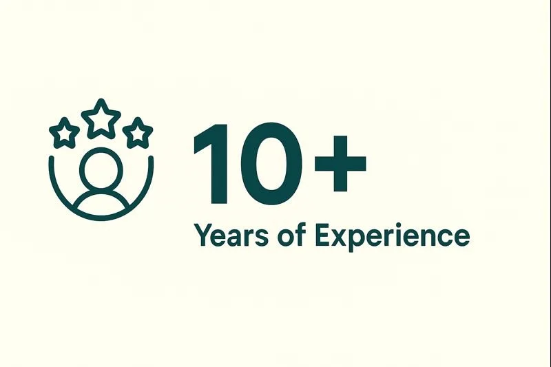 Graphic with an icon of a person surrounded by three stars and the text '10+ Years of Experience'.