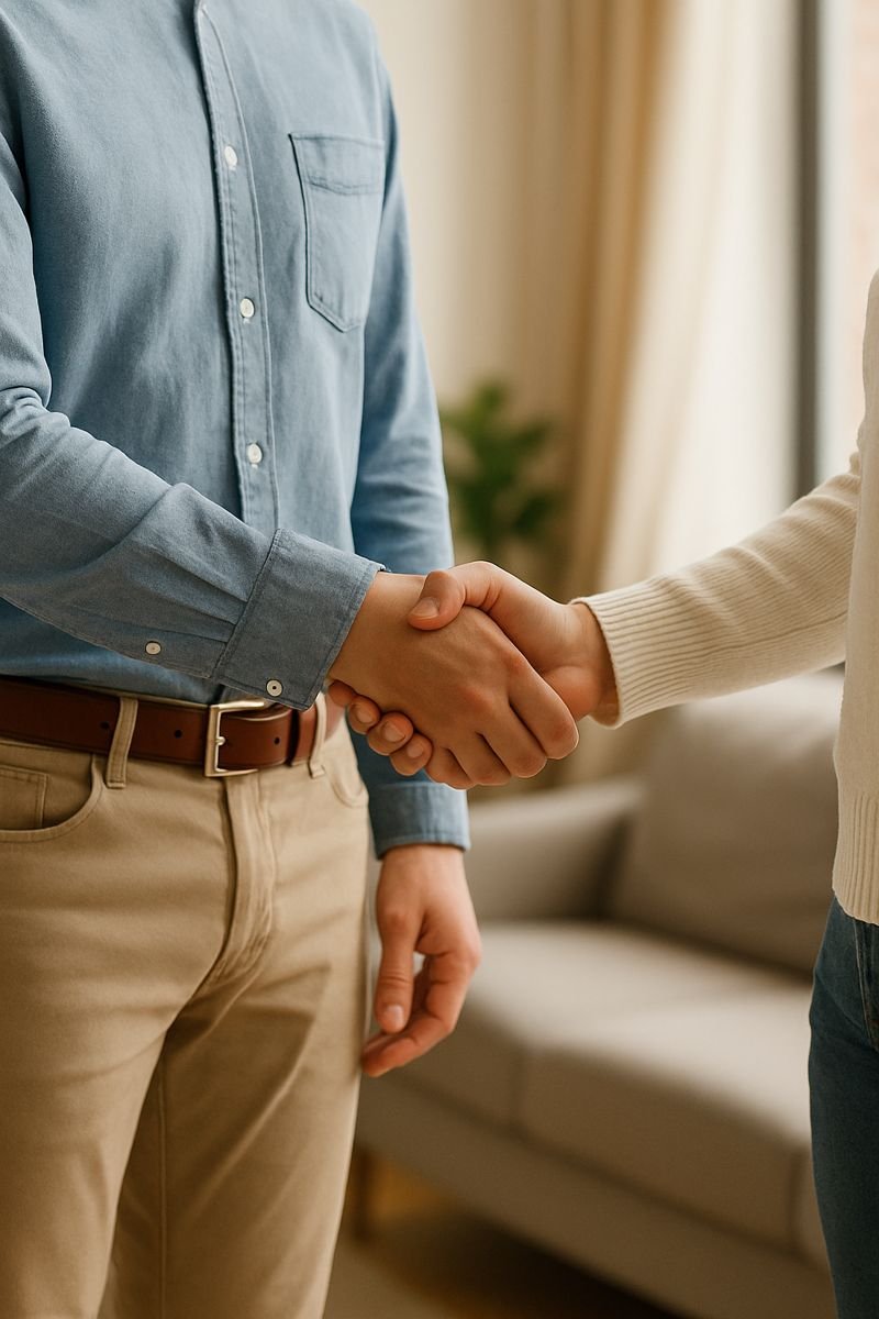 Two people shaking hands indoors, one wearing a blue button-up shirt and beige pants, the other in a cream sweater and dark jeans.