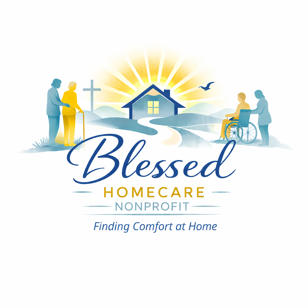 A logo featuring a house with sun rays, surrounded by elderly people, including one in a wheelchair, in a peaceful outdoor scene with hills and a bird, promoting a nonprofit called Blessed Homecare with the tagline "Finding Comfort at Home."