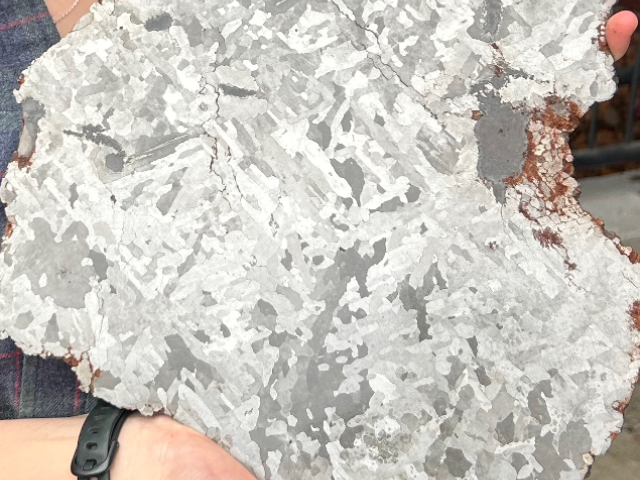 Iron meteorite from the new Goldstein collection at UMass Amherst. This meteorite is 4.56 billion years old – the age of the solar system – and its composition is similar to that of the iron-nickel alloy core of the Earth. 