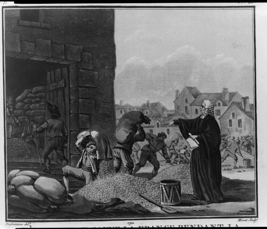 Black and white illustration of a magistrate directing the labor of six individuals loading bags of agricultural product in front of a stone building. Many more workers are seen doing the same task in the background against a cityscape.