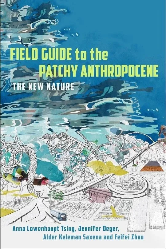 Cover of Field Guide to the Patchy Anthropocene: The New Nature by Lowenhaupt et. al featuring blue watercolor ocean melting into black and white cityscape with yellow and green representing pollution