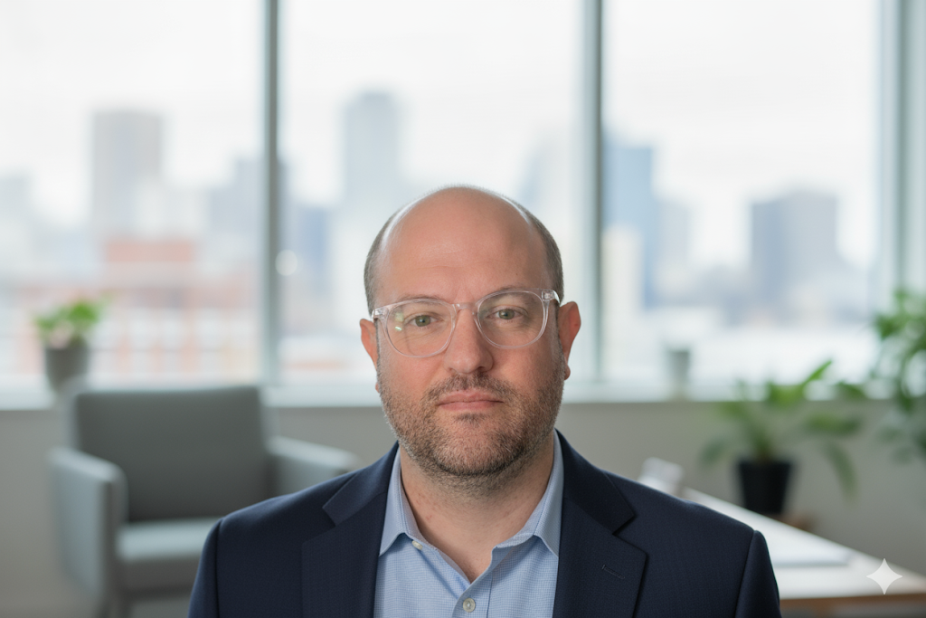 Headshot of a man with glasses and a beard, wearing a dark suit jacket and a light blue shirt, in an office setting with large windows and cityscape background.