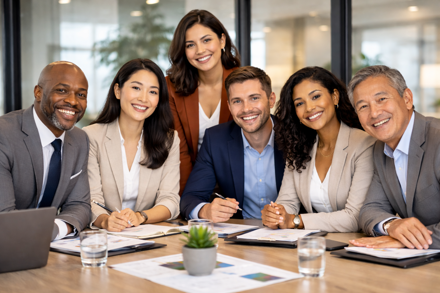 A diverse group of six professionals smiling at a meeting in a modern office conference room.