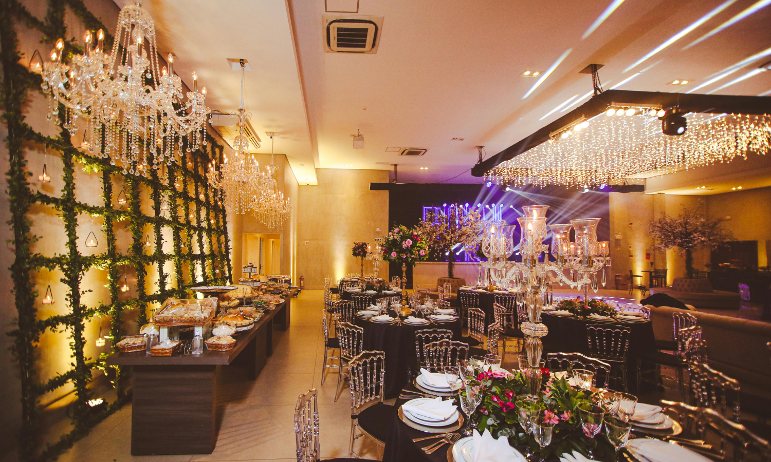 Spacious banquet hall setup for corporate events and private celebrations