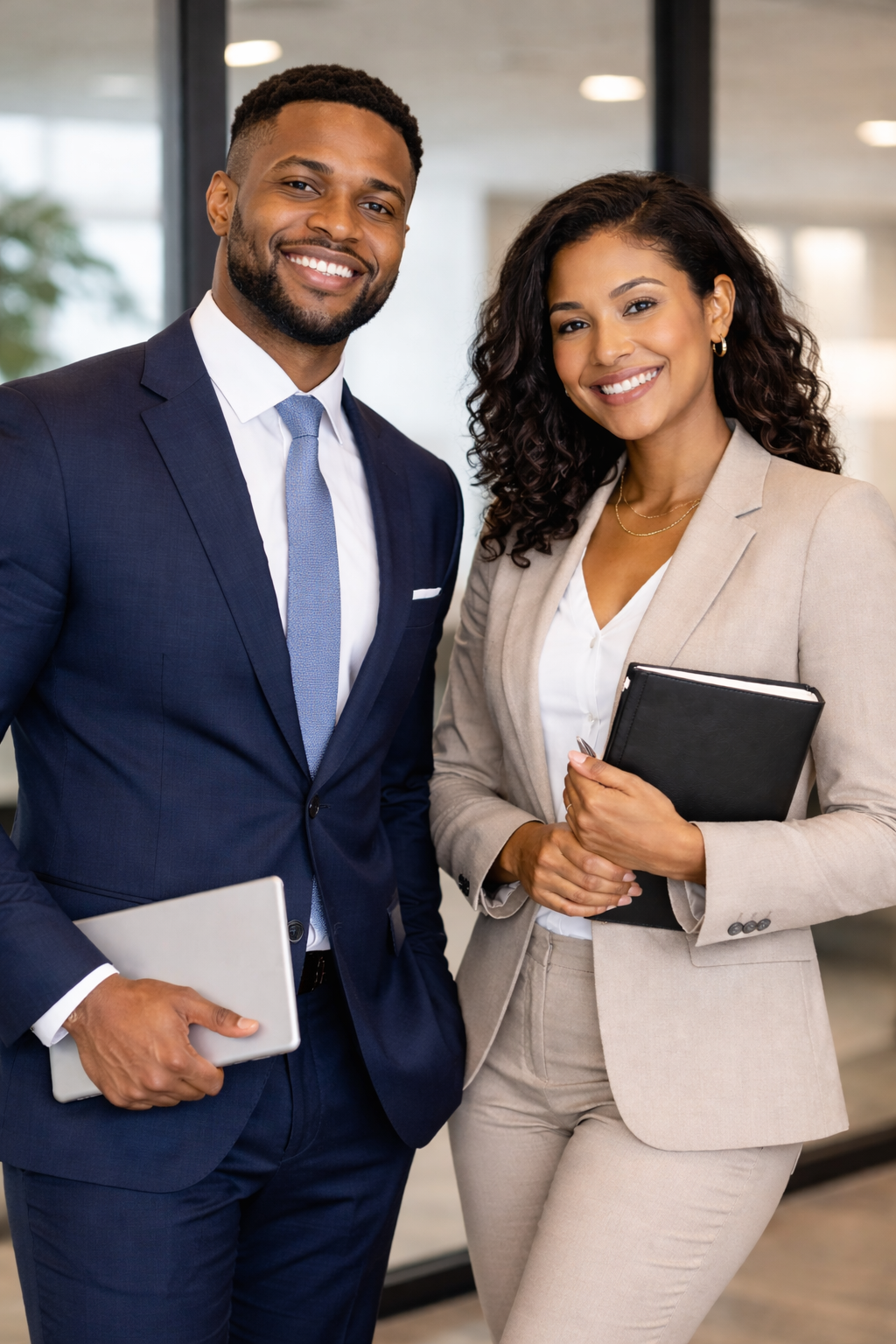 Two professionally dressed individuals, a man and a woman, standing in an office environment, smiling at the camera. The man is wearing a navy suit with a blue tie and holding a silver tablet, and the woman is in a beige suit, holding a black notebook.