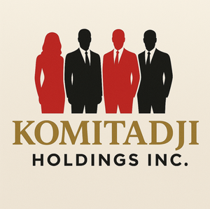 Silhouettes of four business people, two men and two women, with the text 'KOMITADJI HOLDINGS INC.' underneath.