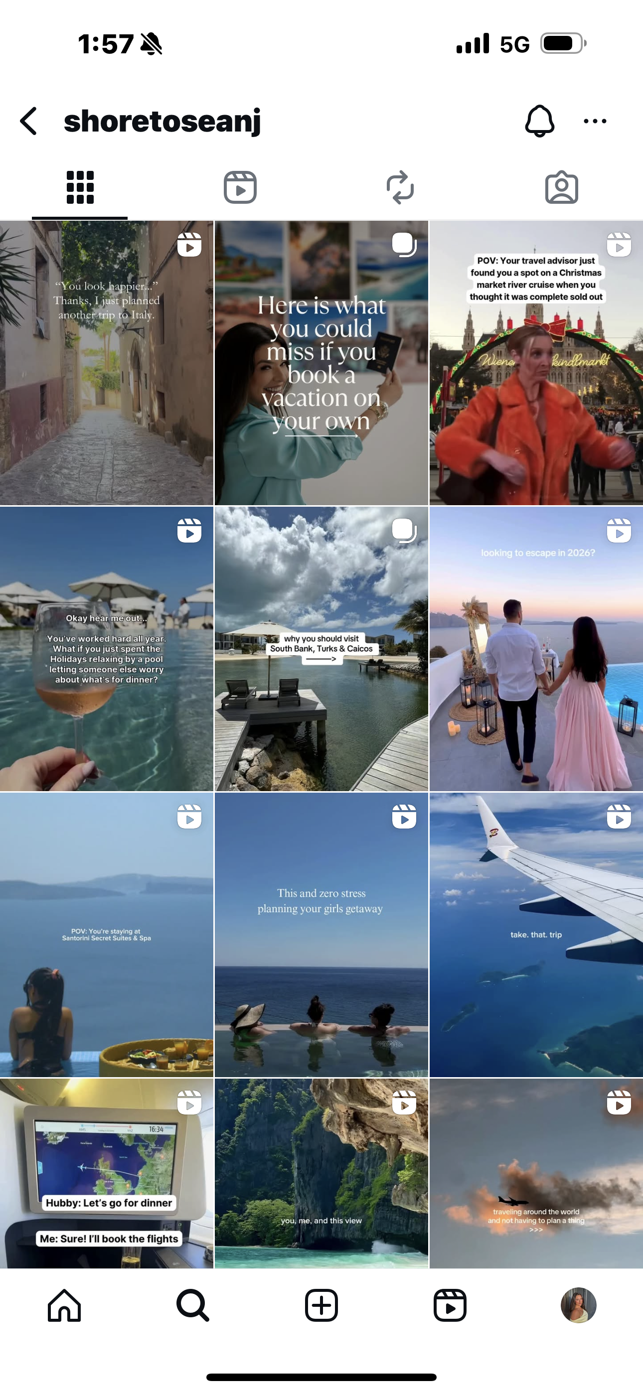 A grid of Instagram stories featuring travel scenes, including streets in Italy, a woman with a passport, a person at a Christmas market, pools, a couple at sunset, airport wing view, and nature landscapes.