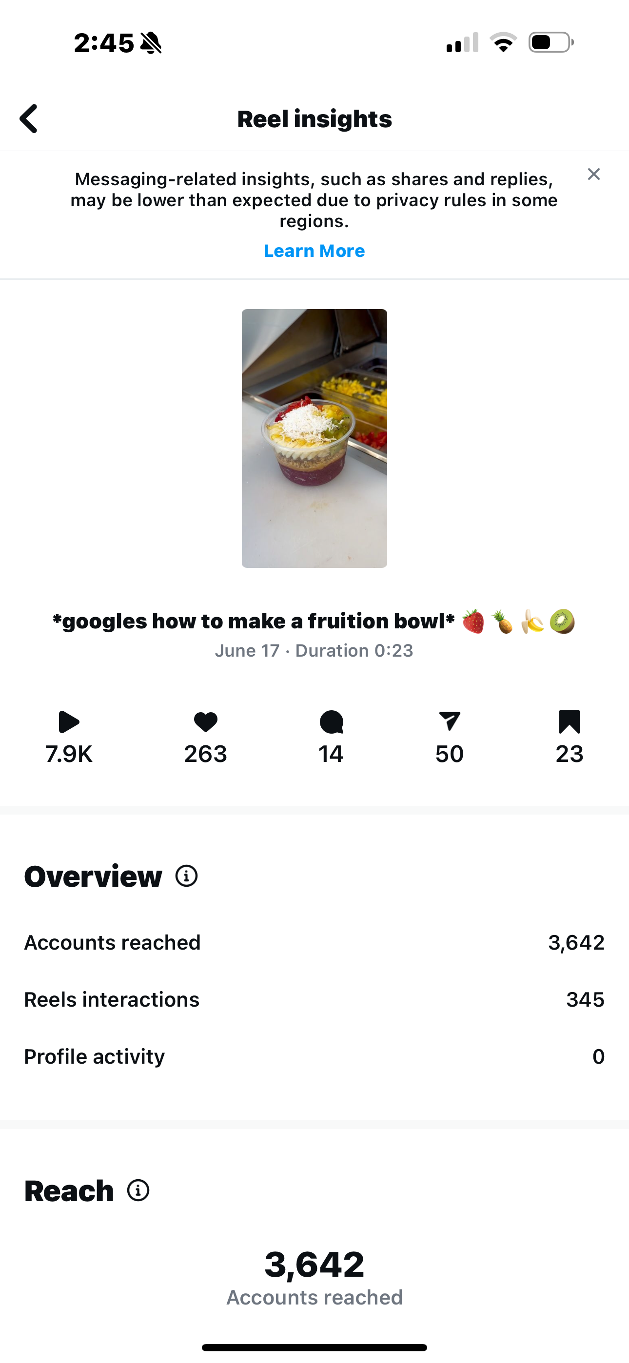 Screenshot of a TikTok reel about making a fruition bowl, showing a cup with layered fruit and toppings, with a fruit salad bar in the background.