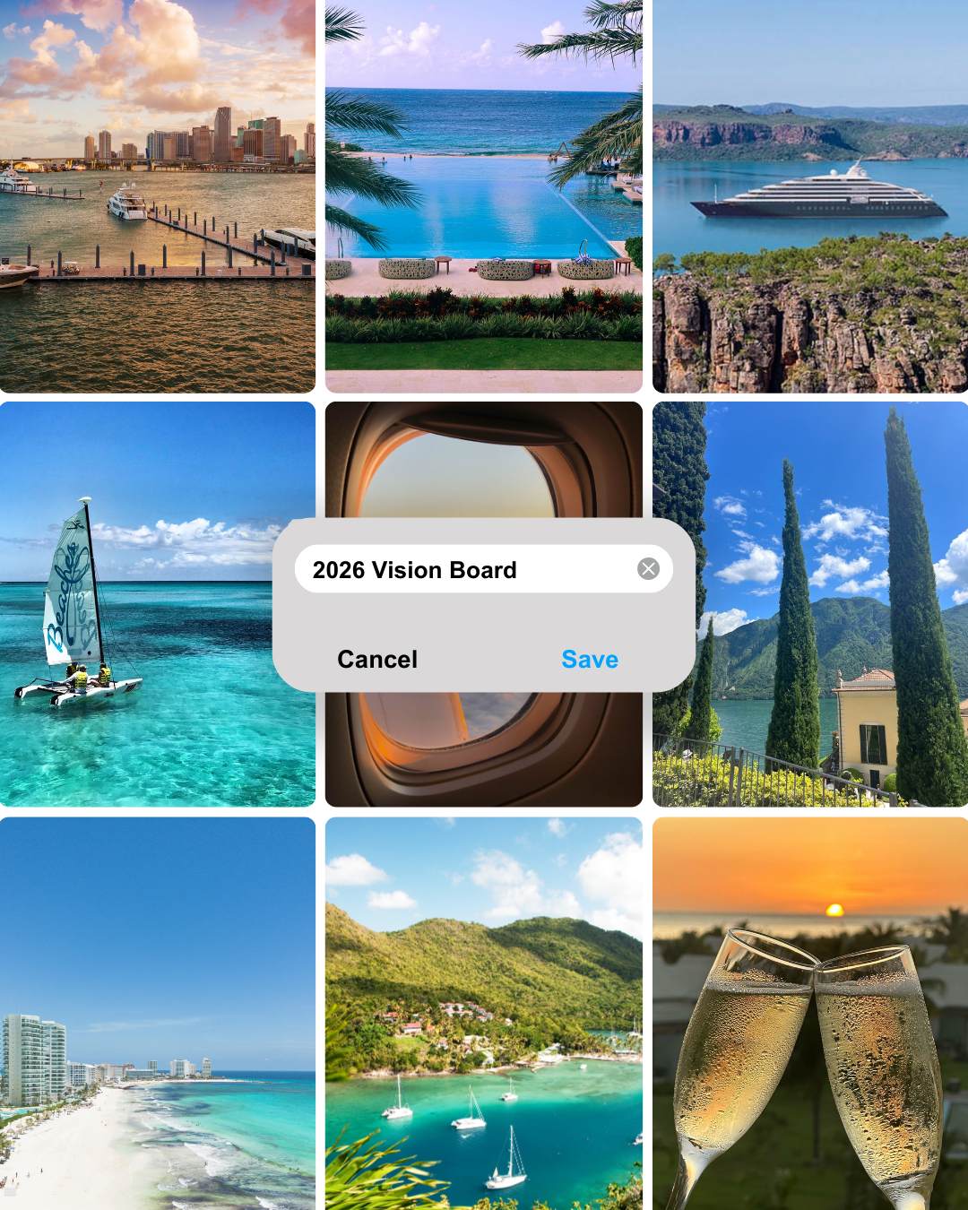 Collage of various vacation scenes including a city skyline with a marina, a swimming pool with palm trees, a cruise ship near rocky coast, a sailboat on clear blue water, aircraft window view, historic town with cypress trees, sandy beach with high-