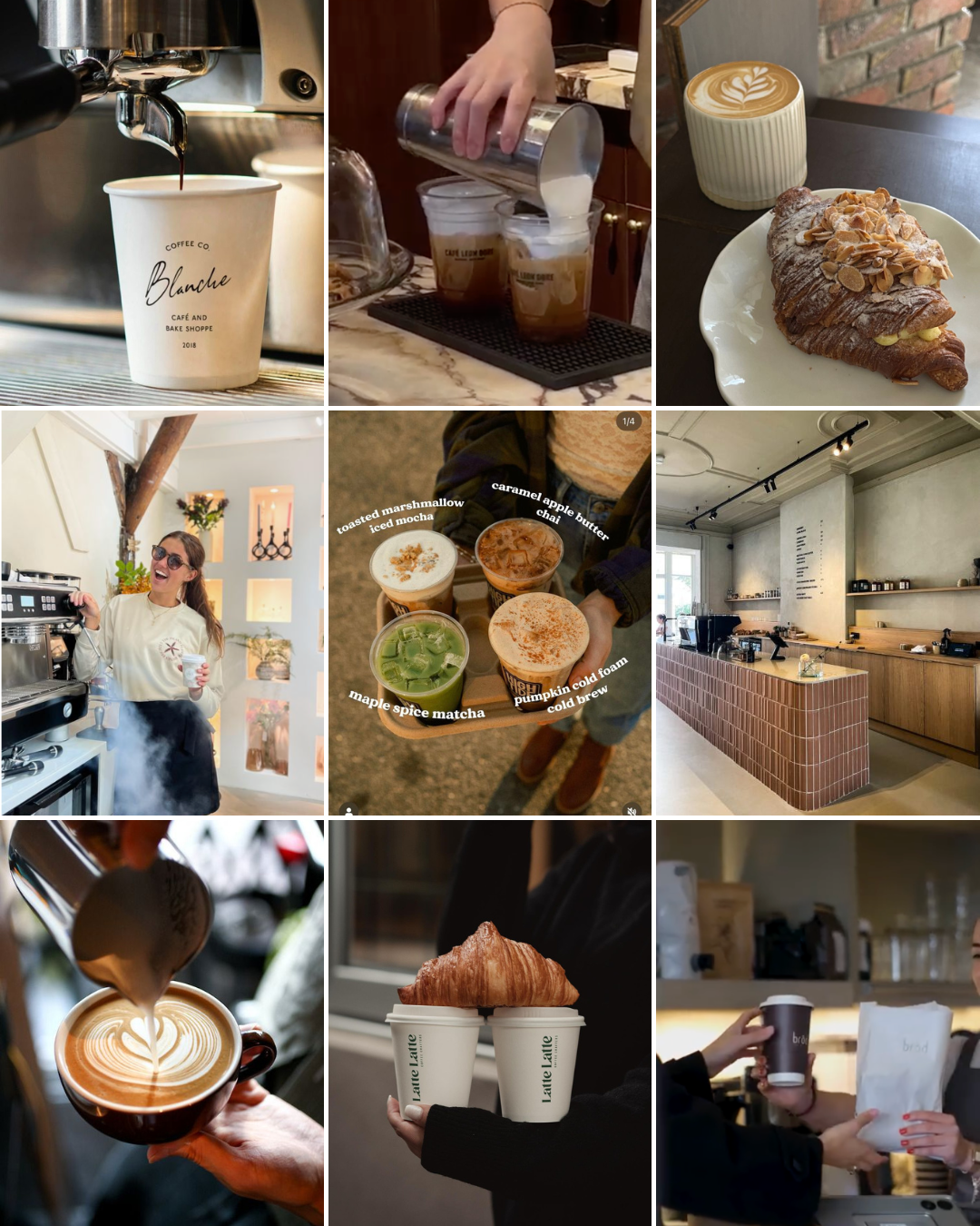 A collage of nine images showing various coffee and tea beverages, a barista preparing drinks, a person holding a tray with colorful specialty drinks, and individuals exchanging coffee cups in a café setting.