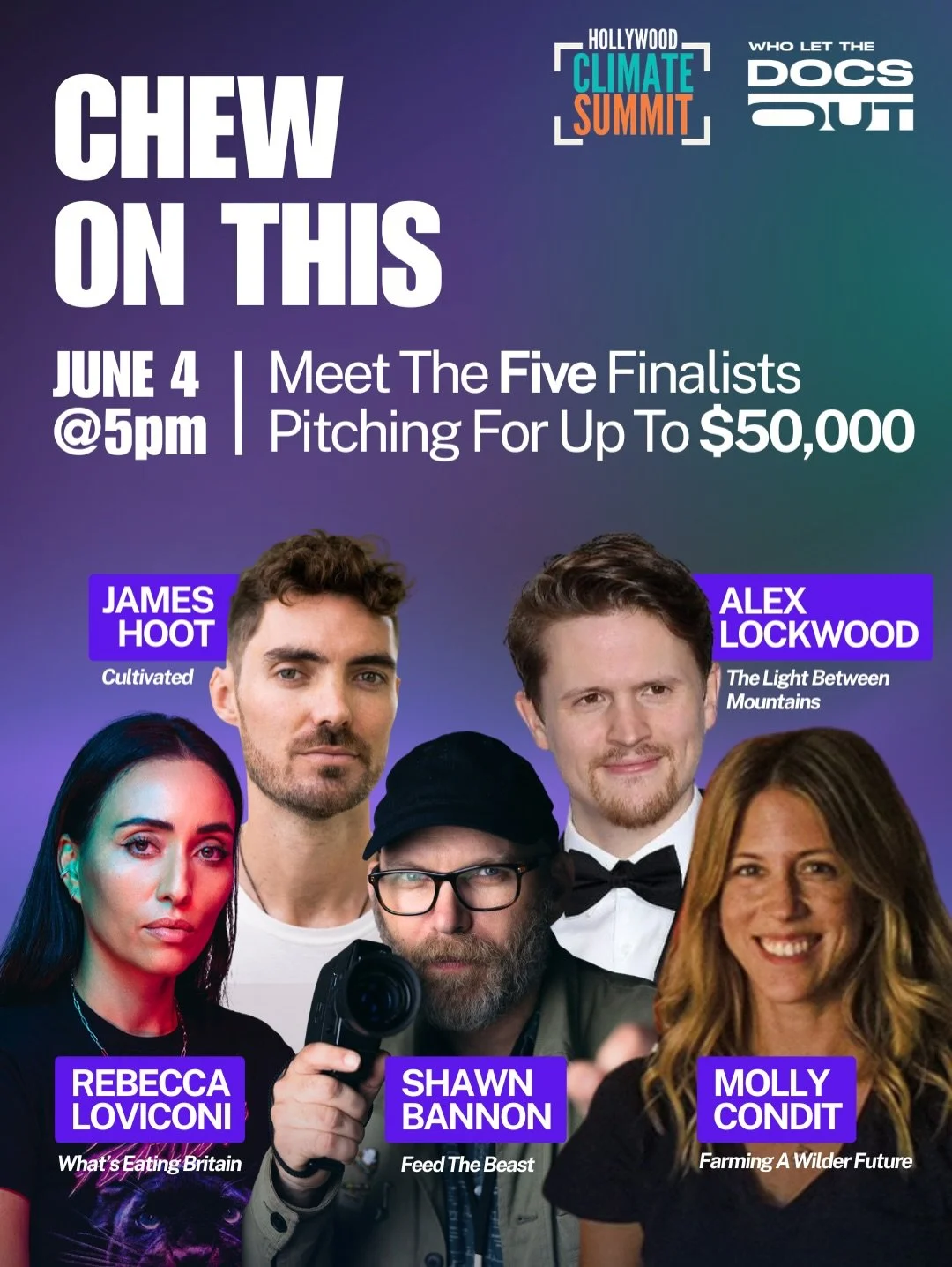 Meet the 5 finalists pitching at the &lsquo;CHEW ON THIS&rsquo; pitching competition at the @hollywoodclimatesummit today at 5pm PDT!

Each filmmaker will have the chance to be awarded up to $50,000 in grant funding for their impact documentary proje