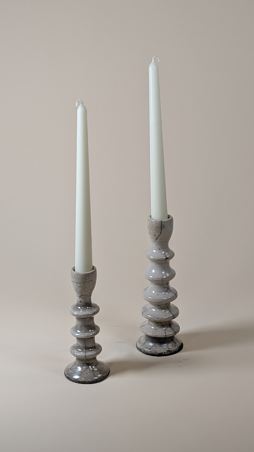 Glossy crackle glaze candlesticks. 2025.