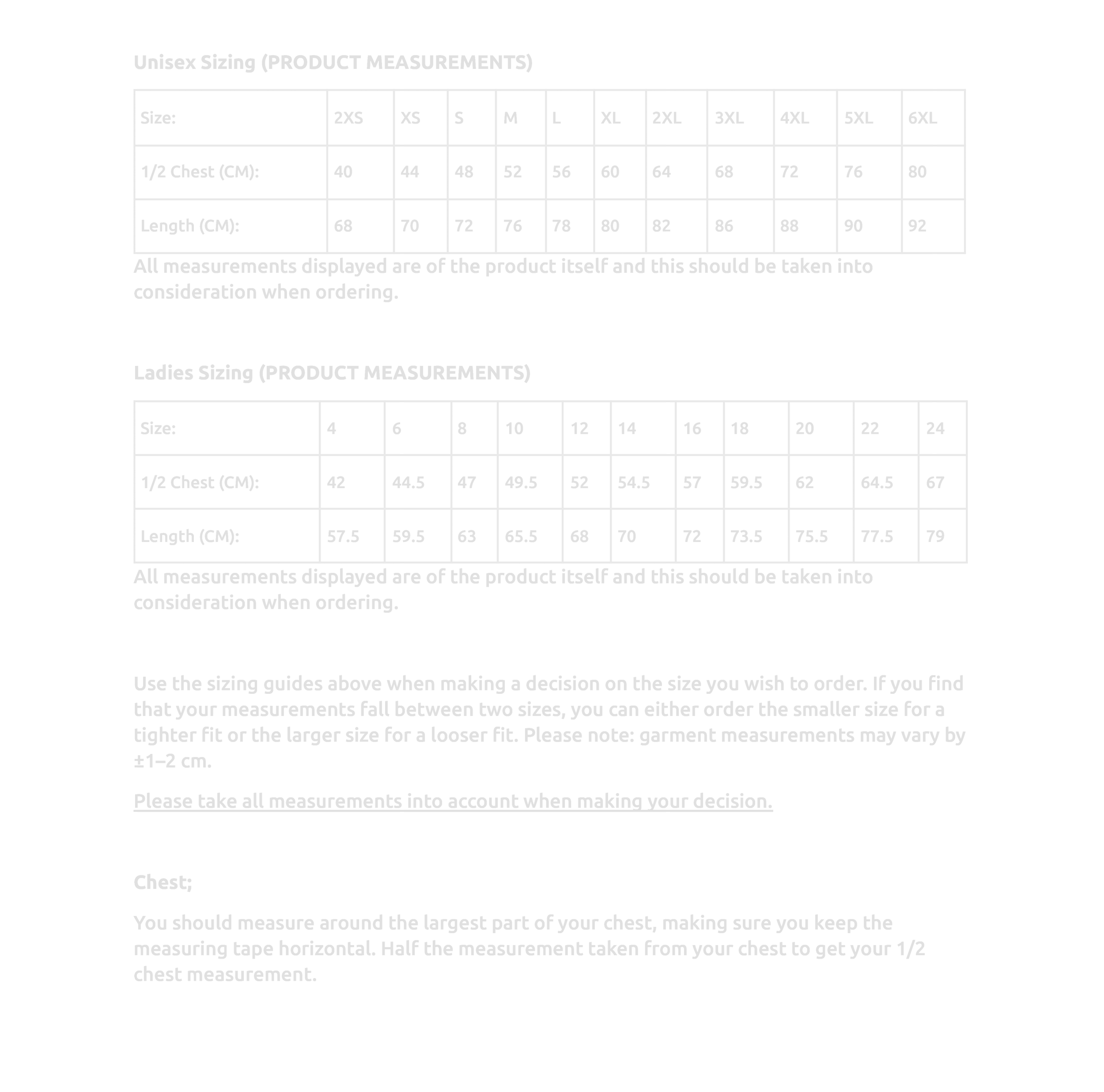 Størrelsesguide for unisex- og kvinnetøy, viser mål i centimeter for bryst og lengde, med instrukser for måling.