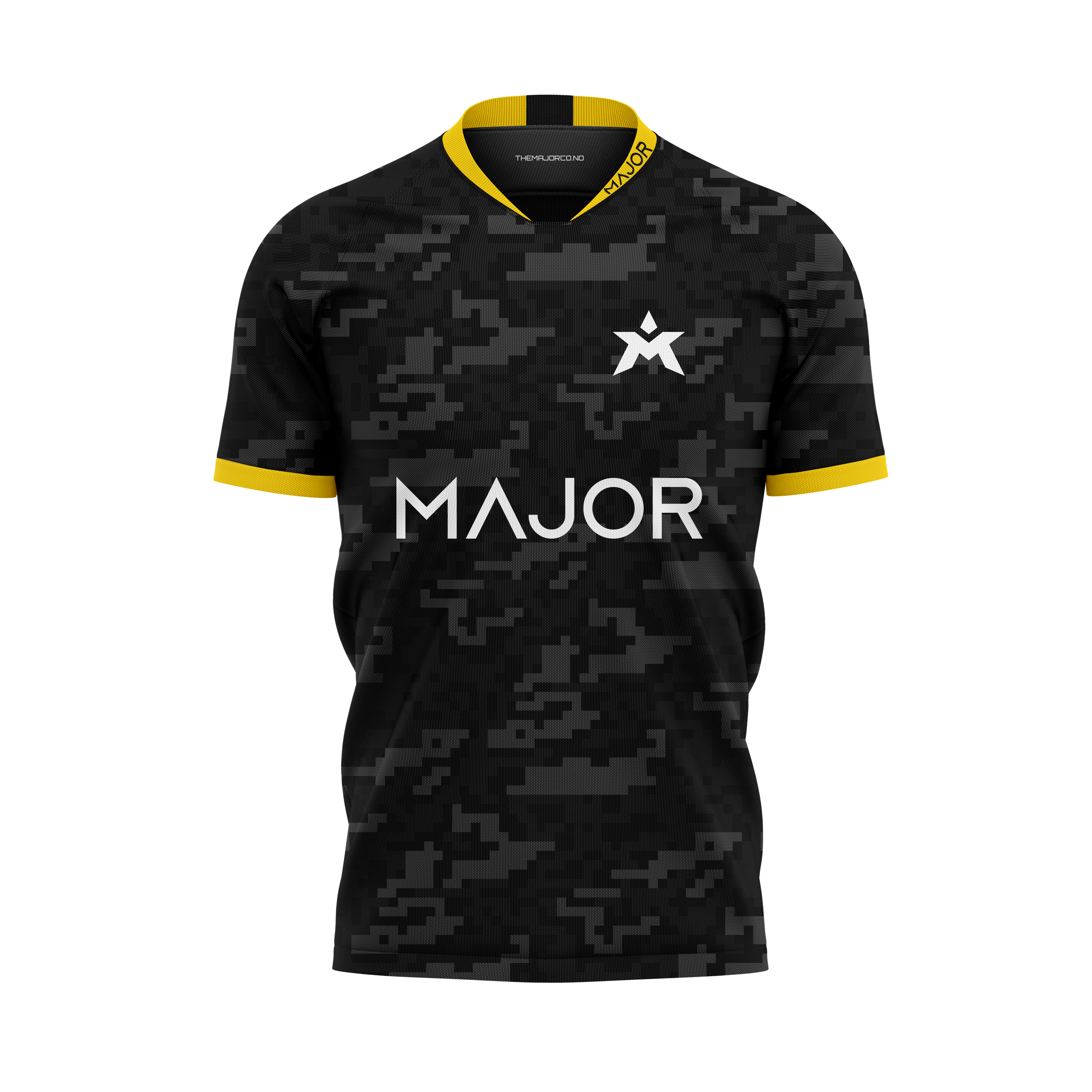 Svart og grå kamuflasjemønstrete sportstopp med gule detaljer på ermer og krage, logo foran, tekst "MAJOR".