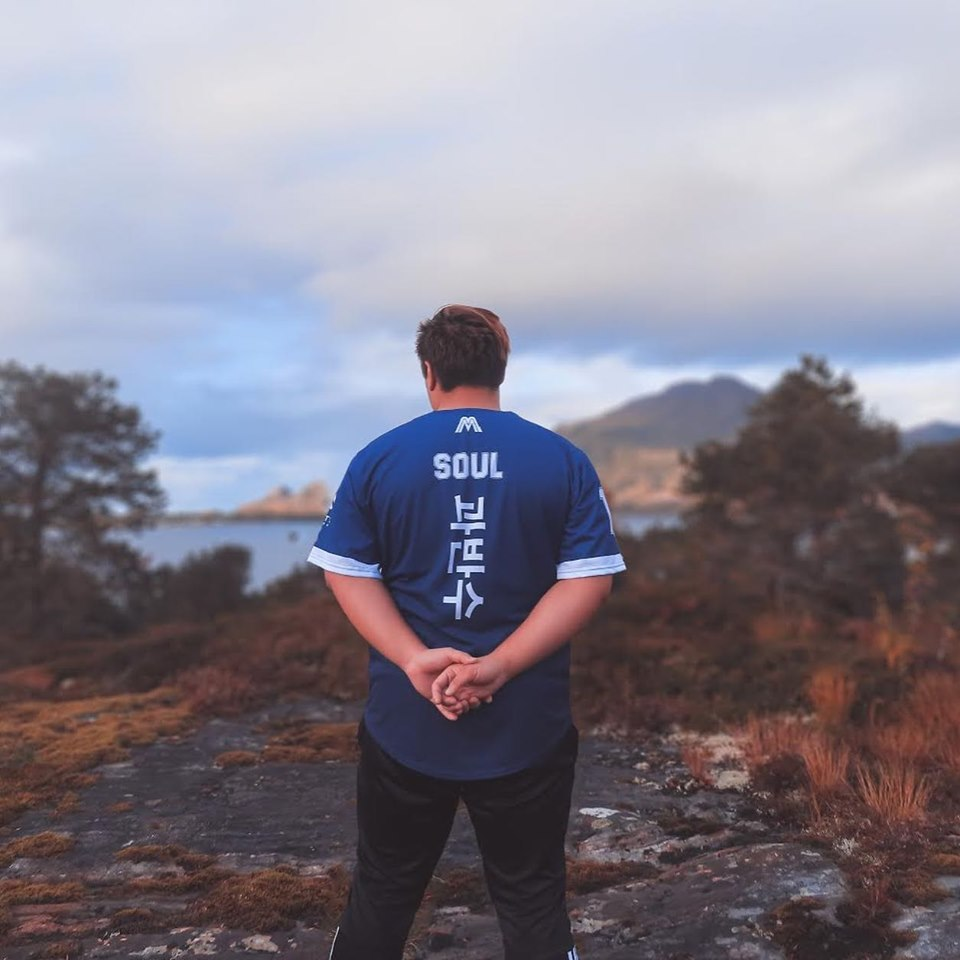 En mann står med ryggen mot kamera, iført en blå t-skjorte med ordet "SOUL" og kinesiske tegn, ser ut over et landskap med trær, fjell og vann under en overskyet himmel.