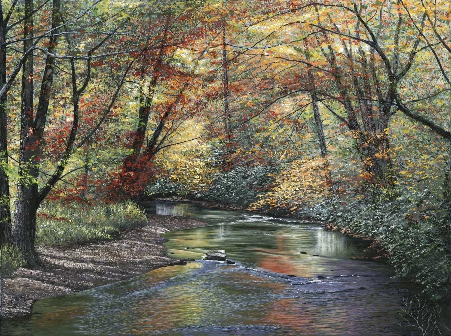 Fine art palette knife landscape painting of a calm Smoky Mountain river winding through the forest and reflecting the color of the fall trees, by Asheville artist Ray Byram.