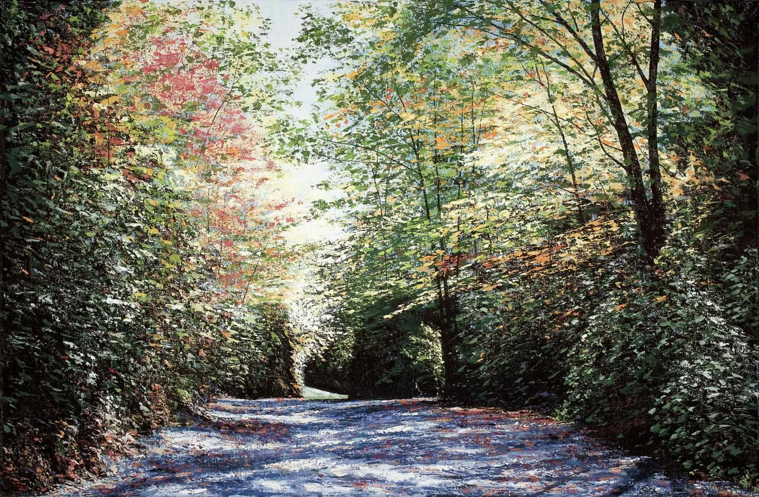 Palette knife landscape painting of path through Appalachian forest in the fall withdappled light filtering thru pink and gold trees, by award winning Asheville artist Ray Byram.