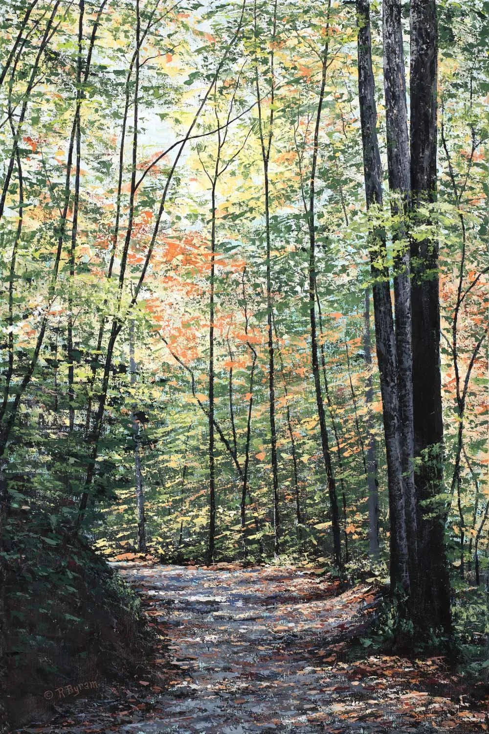 Palette knife landscape painting of path through Appalachian forest in the fall withdappled light filtering thru red and gold trees, by award winning Asheville artist Ray Byram.