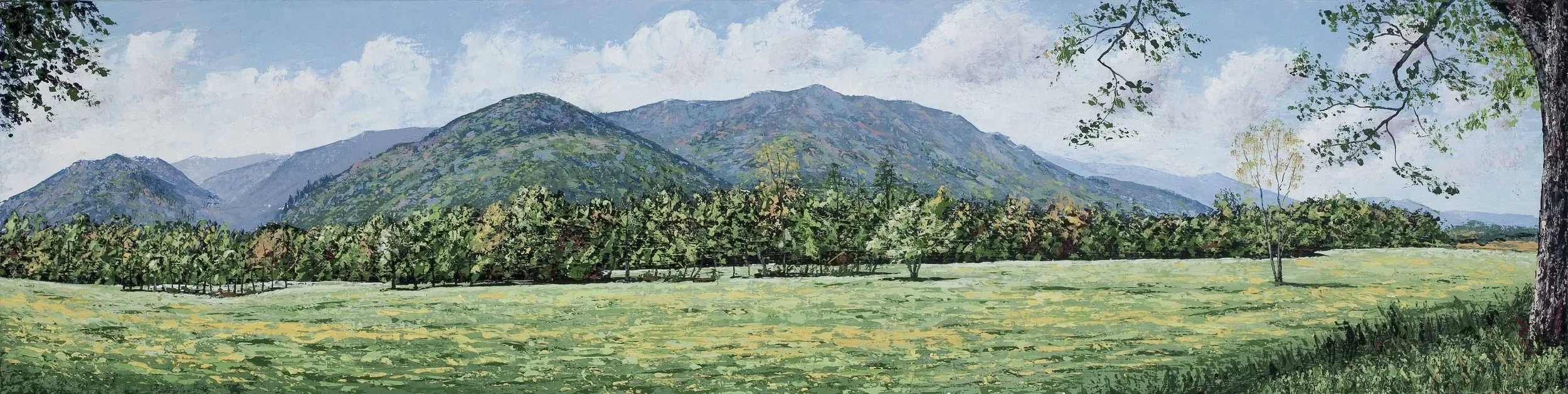 Panoramic palette knife painting of Smoky Mountains nestling a broad green valley, by award winning Asheville artist, Ray Byram.