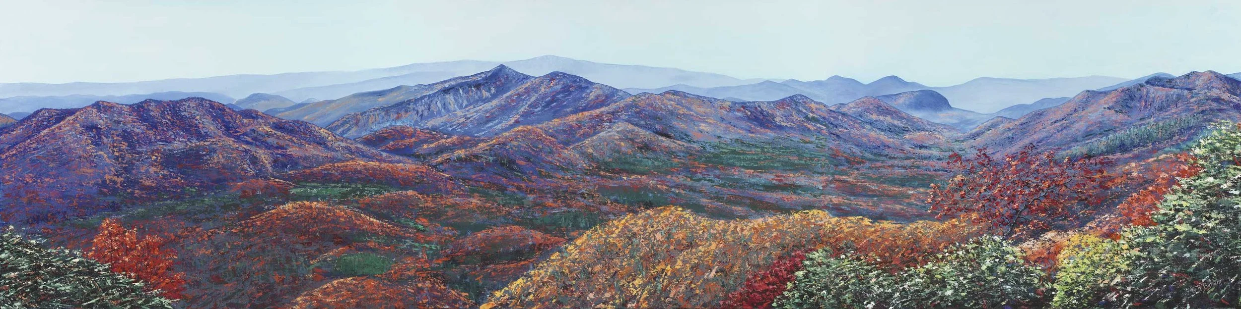 Panoramic palette knife painting of colorful Blue Ridge Mountains in fall and lit up with red and orange trees, by award winning Asheville artist, Ray Byram.