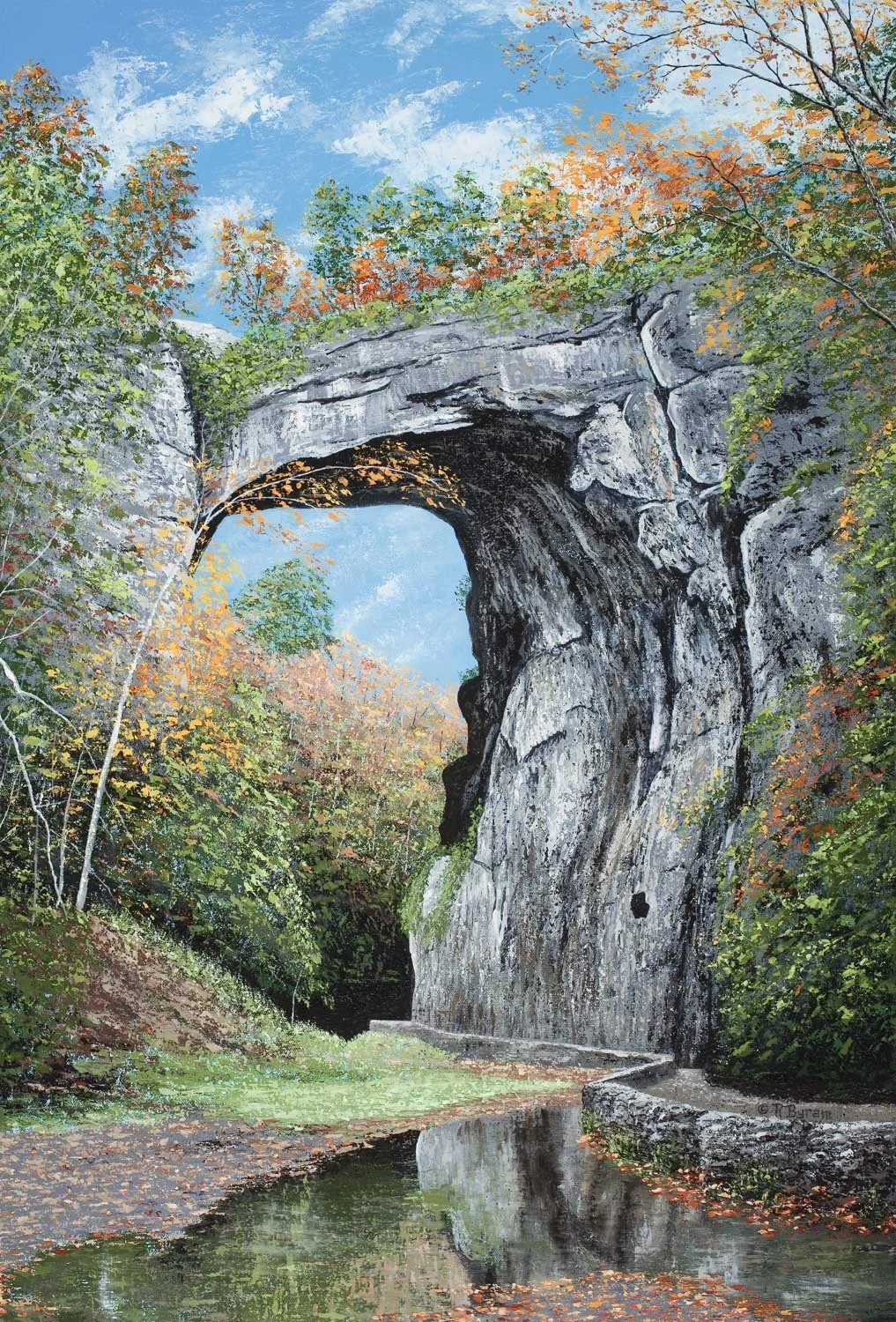Fine art palette knife painting of a natural stone arch in the Blue Ridge Mountains with a crekl running underneath and through orange and yellow fall trees, by best selling Asheville artist, Ray Byram.