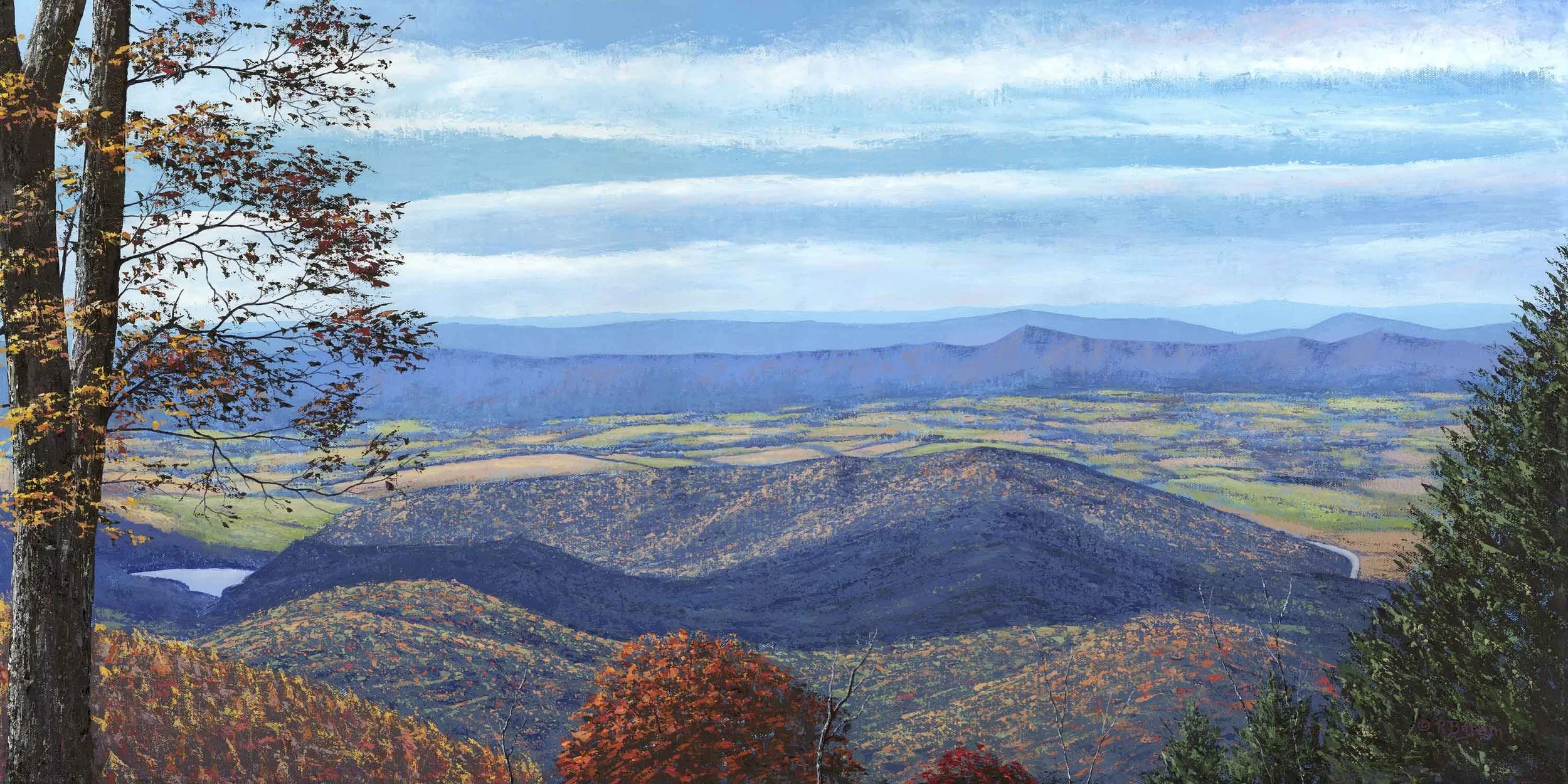 Scenic panoramic palette knife painting of layers of Smoky Mountains in early fading off into the horizon , by award winning River Arts District artist, Ray Byram.