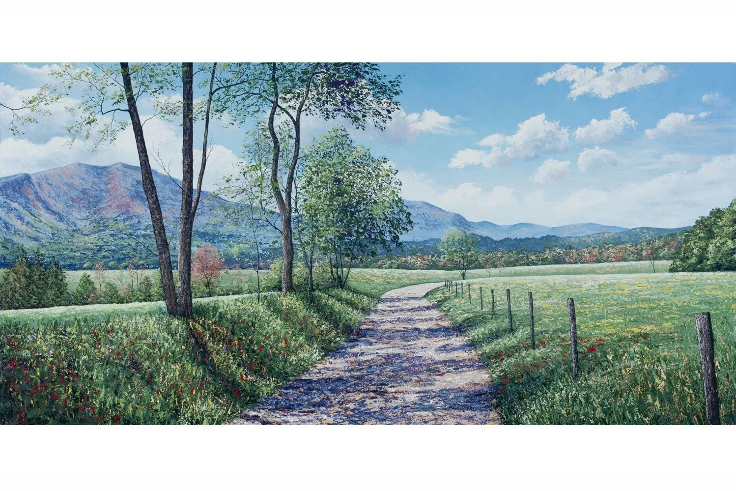 Fine art palatte knife painting of rolling valley road in the Smoky Mountains bordered by green fields and fence, by best selling Asheville artist, Ray Byram-003.JPG