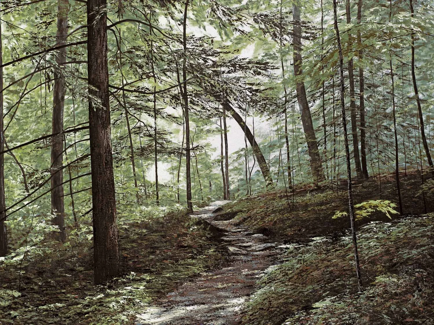 Fine art palette knife painting of path winding through forest in the summer with soft peaceful light filtering thru moss green and gold trees, by best selling Asheville landscape artist Ray Byram.