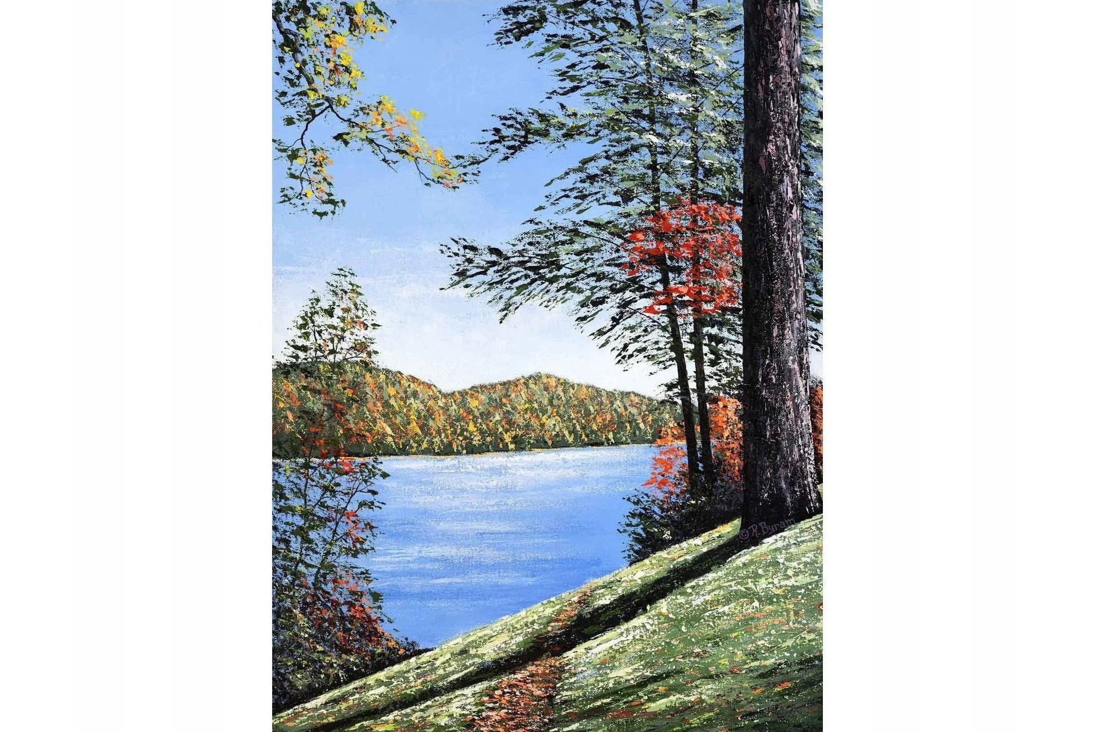Palette knife landscape painting of a brilliant Blue Ridge Mountain lake with crystal clear blue watersurrounded by trees in fall colors, by award winning Asheville artist Ray Byram-013.JPG
