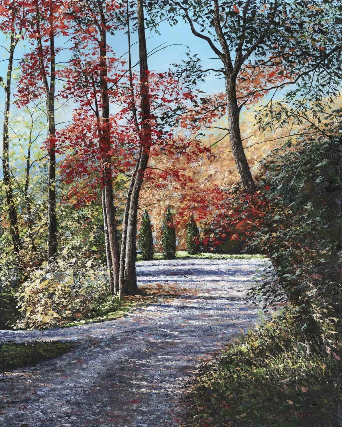 Fine art palette knife painting of Western North Carolina forest with rhododendruns and azalea bushes lining a winding road, by award winning Asheville artist, Ray Byram.