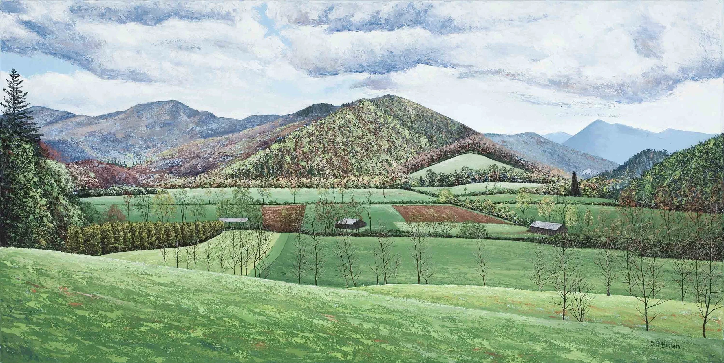 Panoramic palette knife painting of Appalachian Mountain valley with farms and green fields in summer, by famous North Carolina landscape painter, Ray Byram.