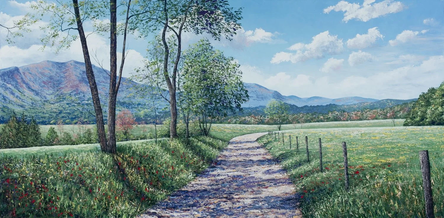 Fine art palette knife painting of rolling valley road in the Smoky Mountains bordered by green fields and fence, by best selling Asheville artist, Ray Byram.