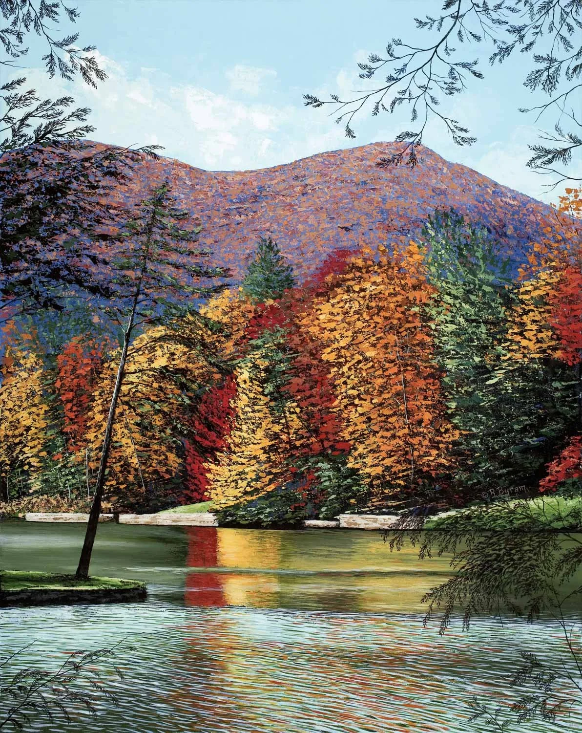 Palette knife landscape painting of a Appalachian Mountain lake with serene water radiating the rich greens, oranges and golds of the surrounding late summer trees, by best selling Asheville artist Ray Byram.