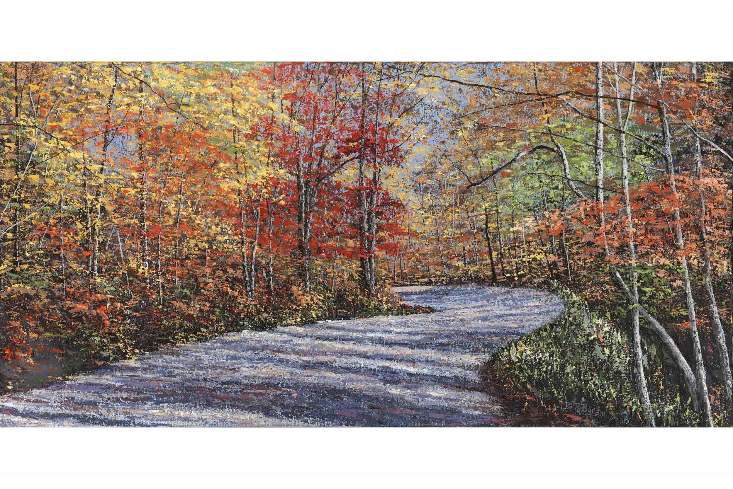Colorful panoramic palatte knife painting of rural road running through Appalachian Mountains covered in red and gold trees of fall, by River Arts District fine art painter, Ray Byram-003.JPG
