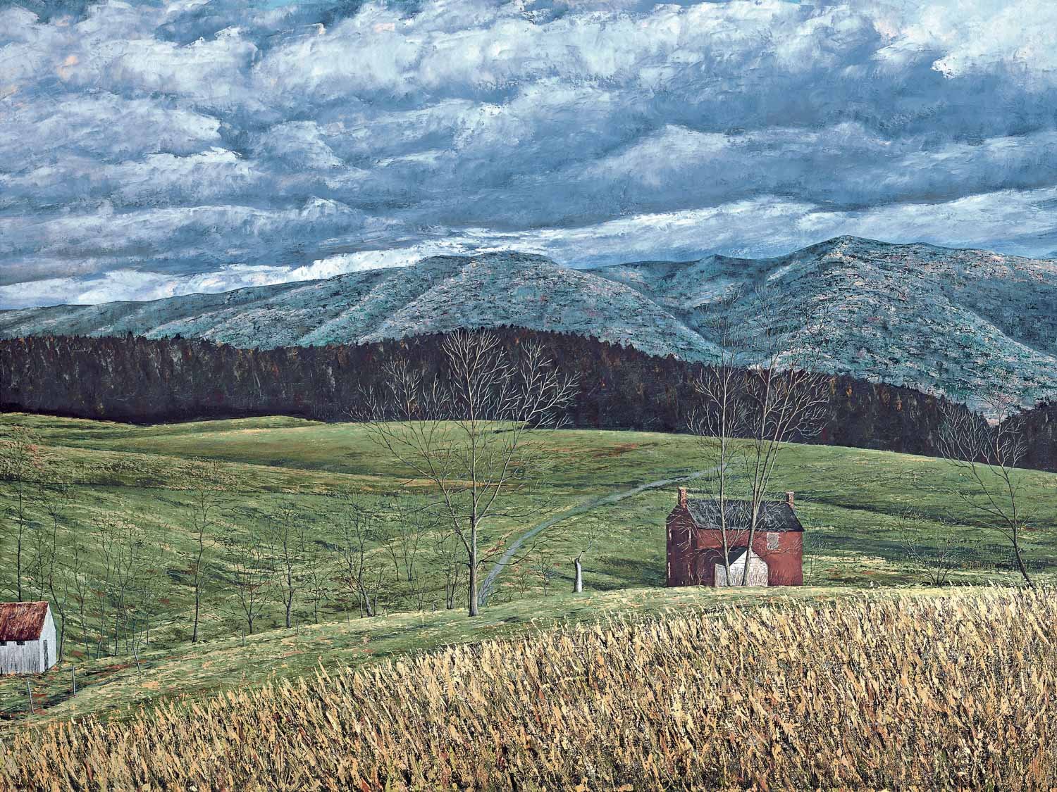 Fine art palette knife painting of country farm in the foothills of the Smoky Mountains under a cloudy sky, by best selling Asheville artist, Ray Byram.