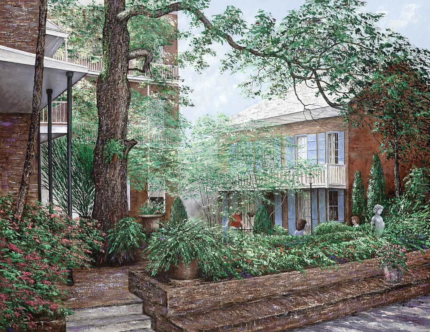 Palette knife painting of brick courtyard with verandas and flowers in the French Quarter of new Orleans, by famous North Carolina landscape painter, Ray Byram.