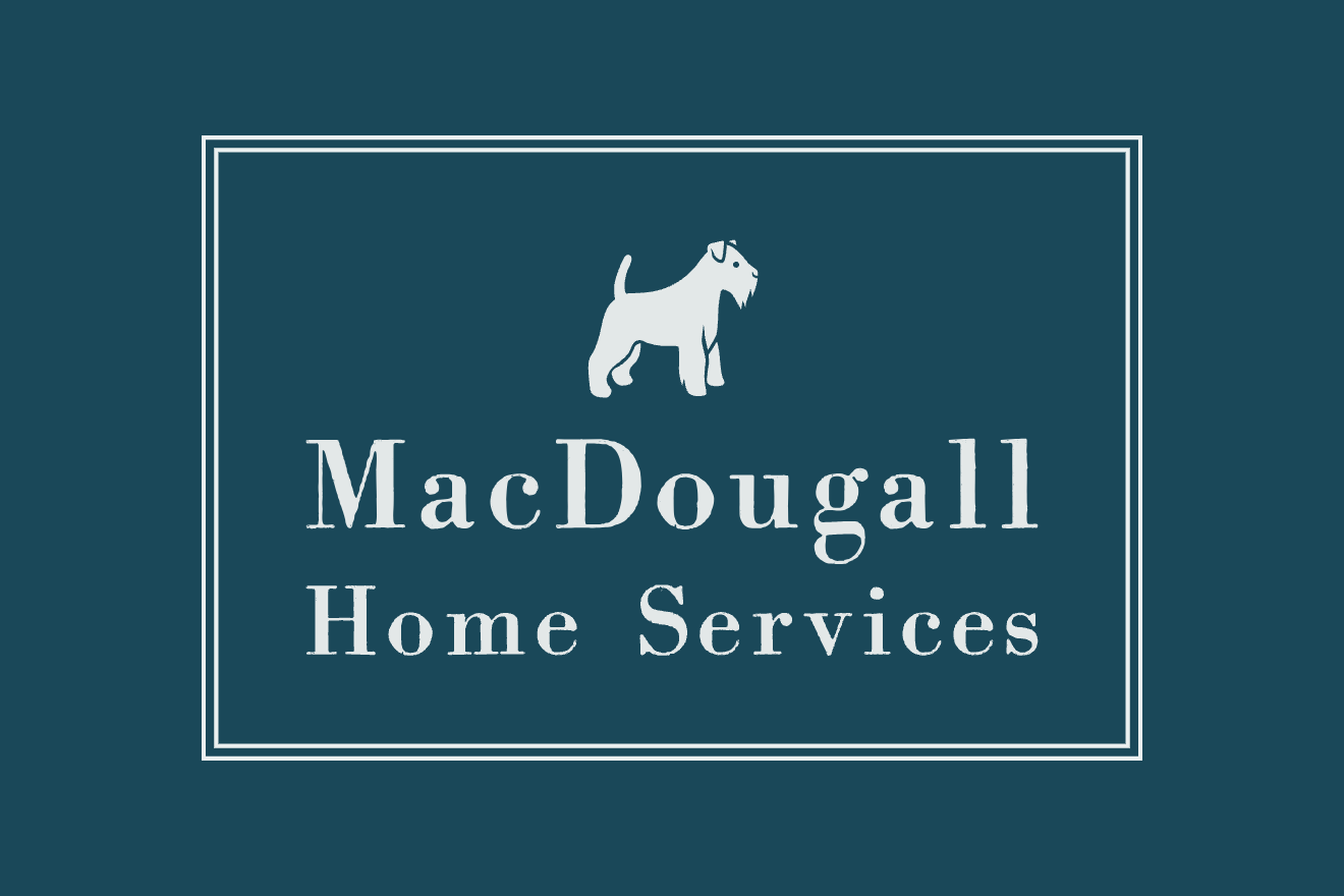 Logo for MacDougall Home Services, featuring a stylized dog illustration and text. waterloo region painting, decking, fencing drywall services