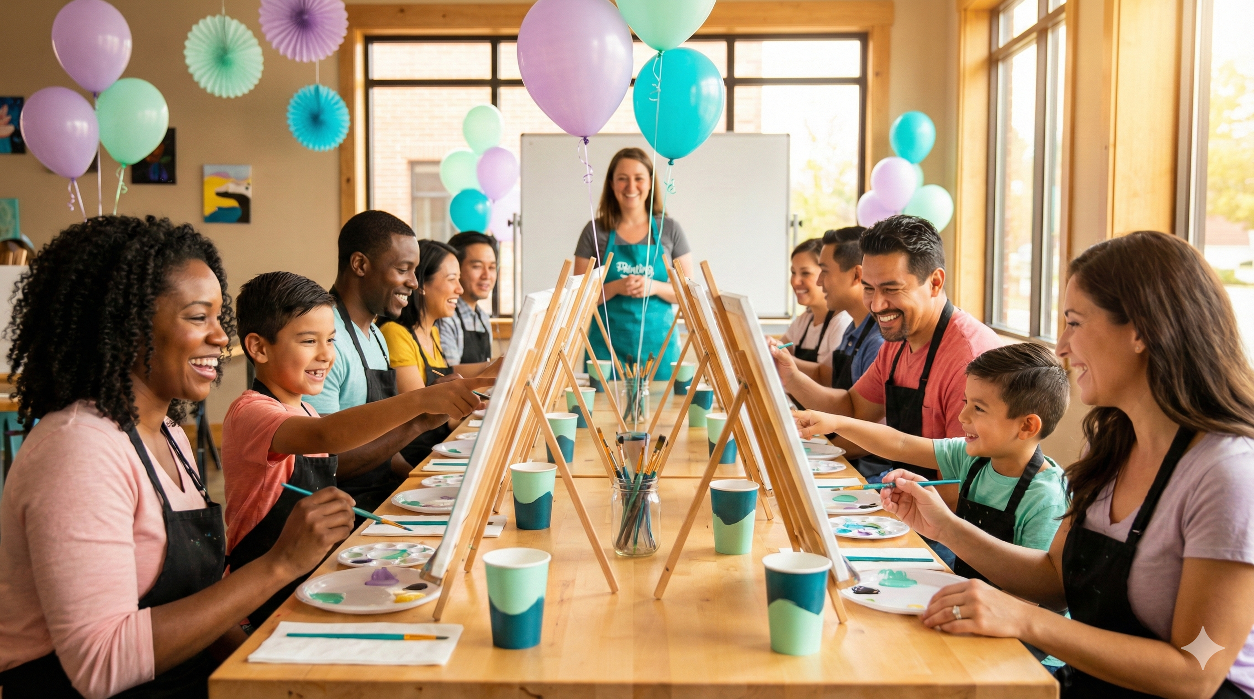 A group of diverse children and adults participating in a painting class around a long wooden table, with balloons and paper decorations in the background, and a smiling instructor standing at the head of the table.