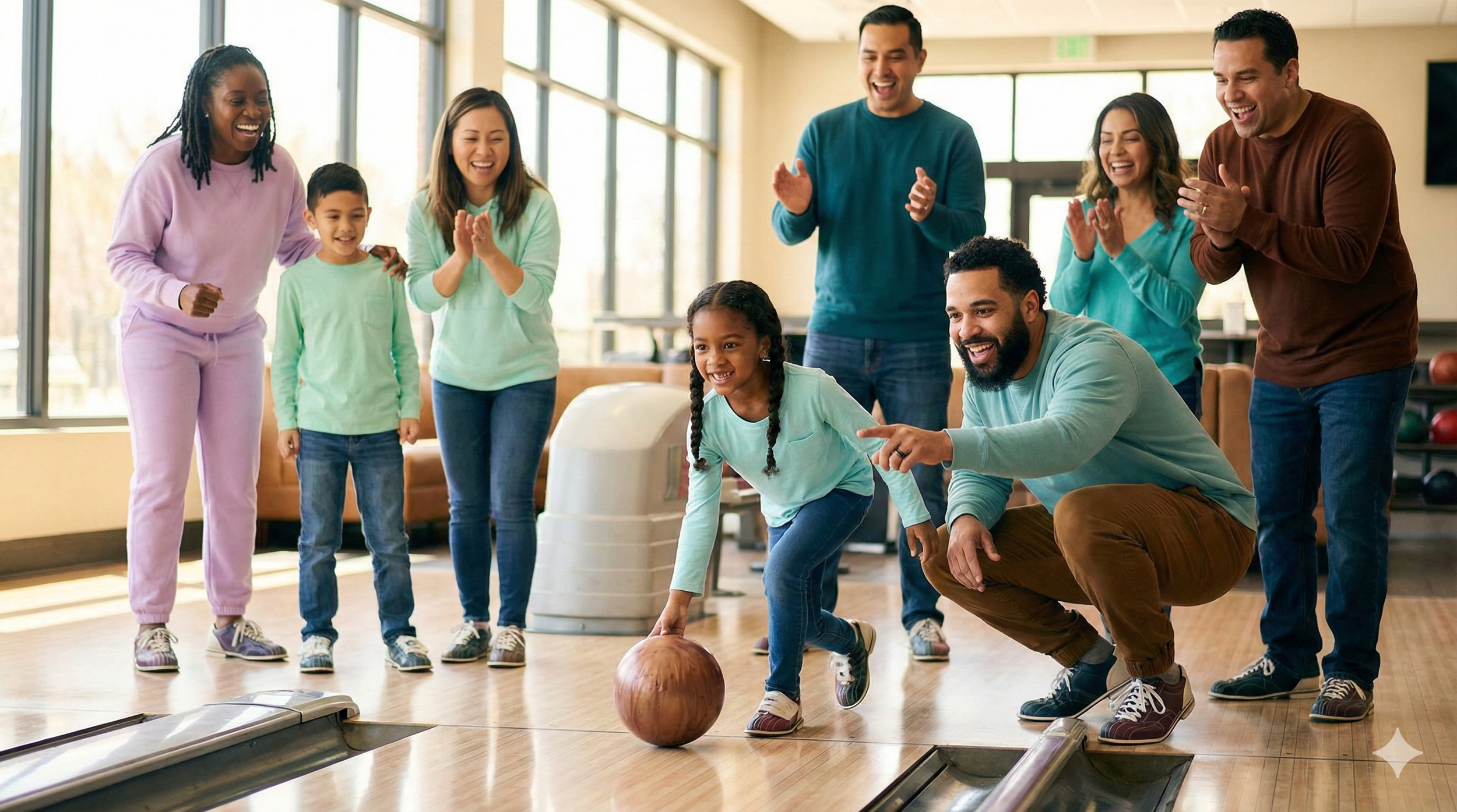 A group of happy children and adults playing bowling indoors, with a girl in a light blue shirt about to roll a bowling ball.