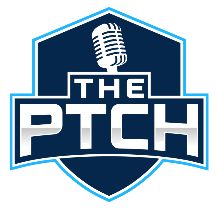 Logo for a sports or entertainment show called 'The Pitch' featuring a vintage microphone and a shield-shaped design in blue and white.