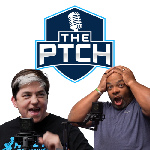 Two men with microphones in front of a sign that says 'The Pitch' with a microphone graphic above it.