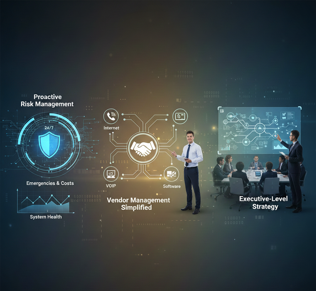 A digital illustration of business professionals discussing vendor management and strategy with various tech and data graphics, including a shield representing risk management, network icons, and charts.
