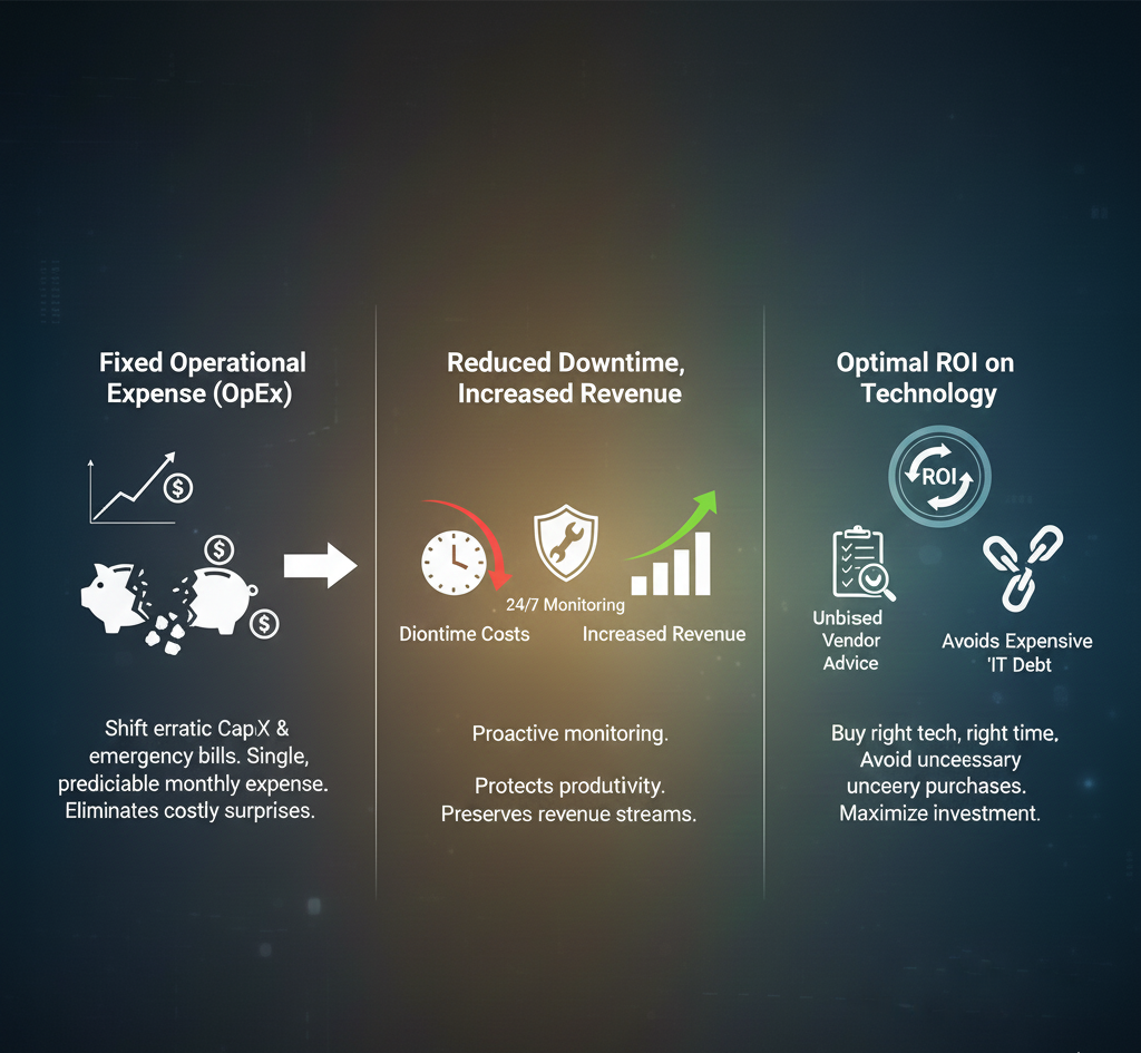 Layer 8 IT Consulting explaining how proactive monitoring reduces technical debt. It compares the high costs of emergency CapEx bills against the revenue preservation of strategic IT investment and managed infrastructure